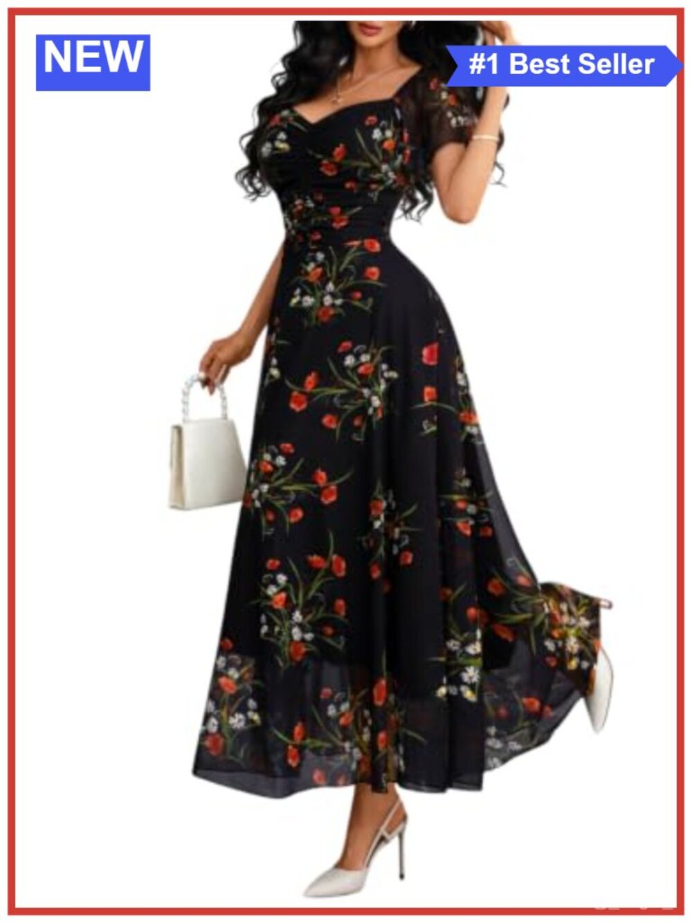 Floral Mesh A-Line Sweetheart Dress Short Sleeve Wedding Guest Party